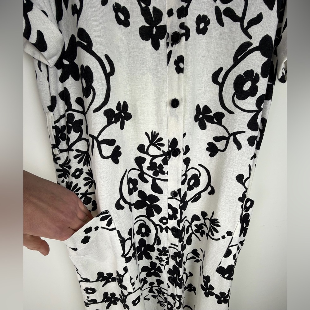 Linen Blend Zara Shirt Dress Minimalist Black White Print Button Down Pockets XL - Picture 15 of 16